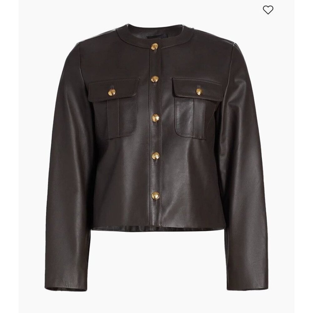 Nili Lotan Kitra Cropped Leather Jacket Brown Size Small Smooth Gold Buttons